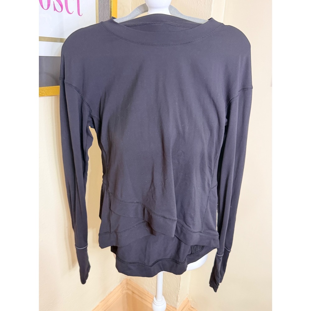 Lululemon Black Long Sleeve Layered Crossover Hem Thumbhole Active Top Zip Pkt